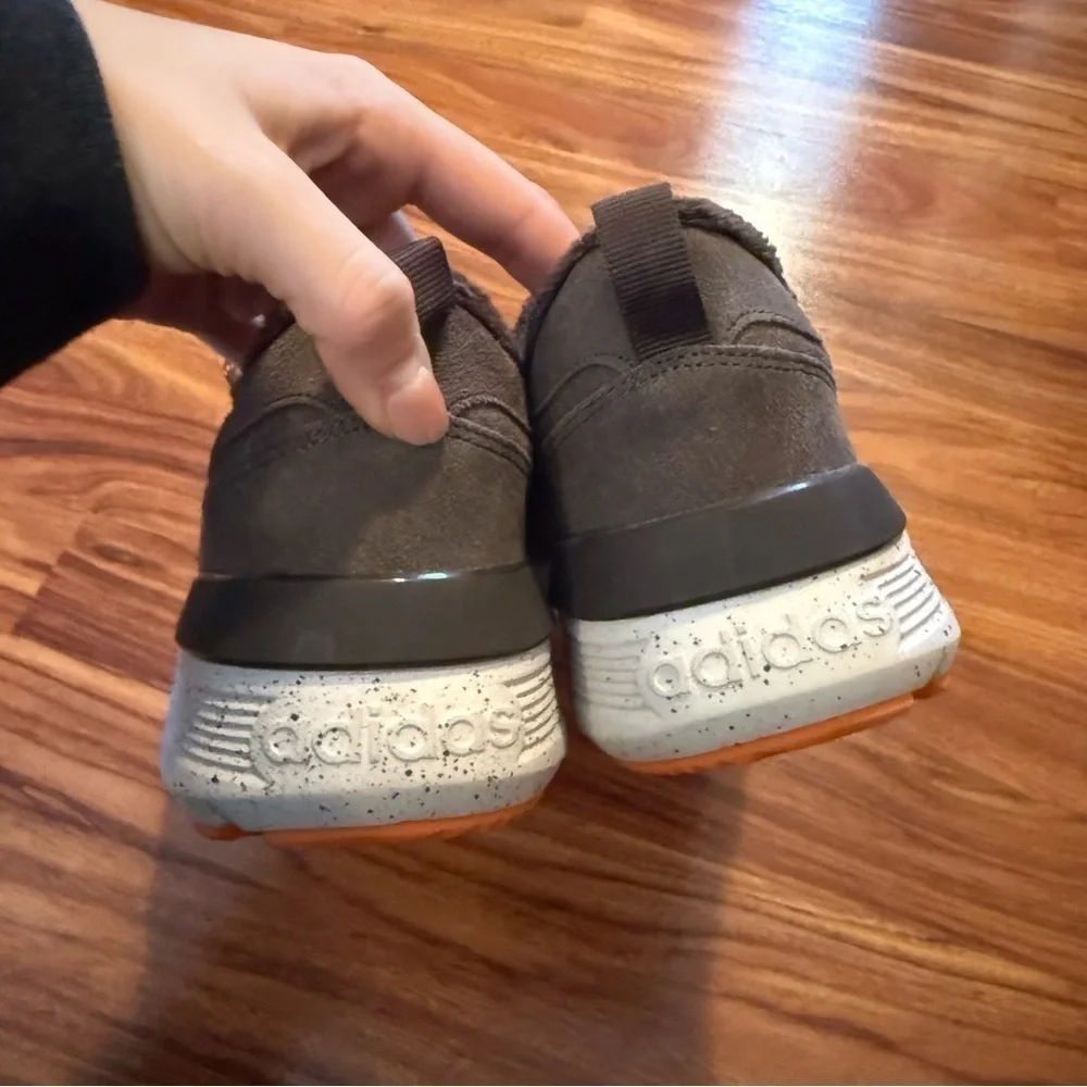 Brown Adidas Ortholite suede sneakers with fuzzy material